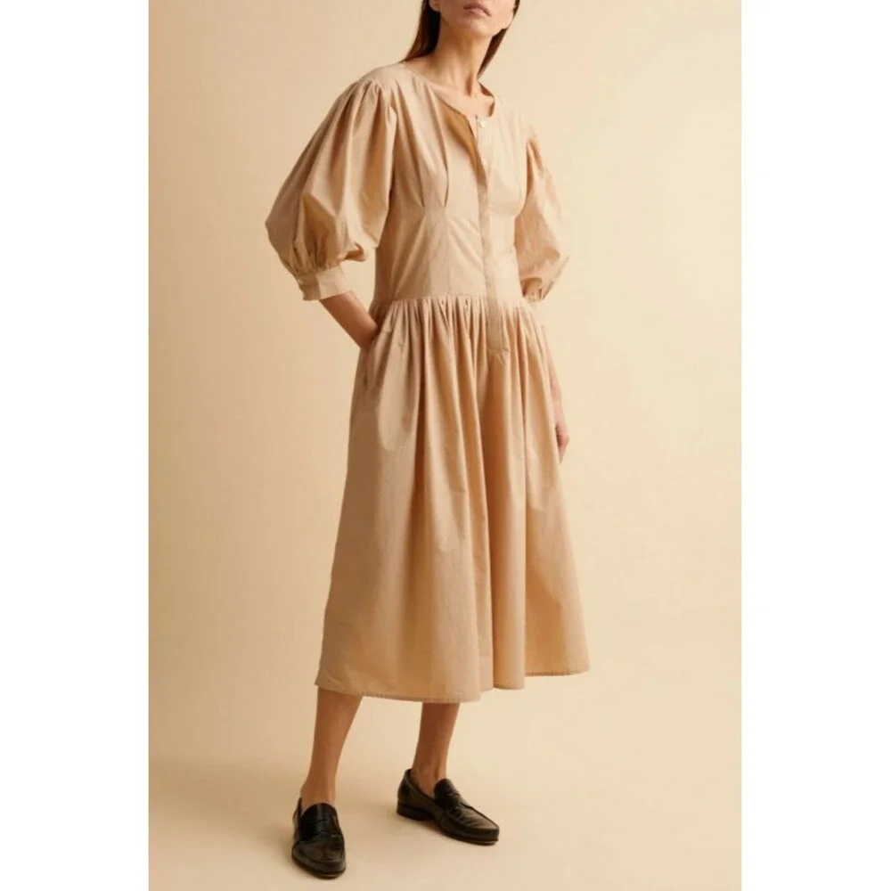 Merlette Montague Midi Dress Puff Sleeve Sandstone Beige Cotton Resort XS 216478 - Picture 2 of 10